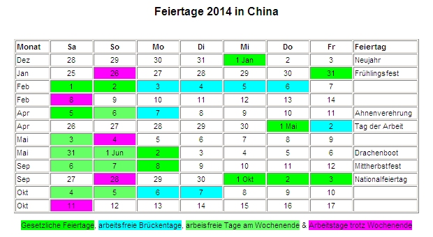 Kalender 2014 für China Feiertage Kalender 2014 für China Feiertage