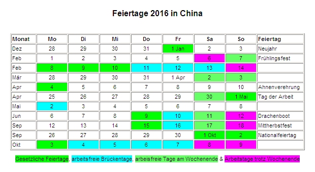 Kalender 2016 für China Feiertage Kalender 2016 für China Feiertage